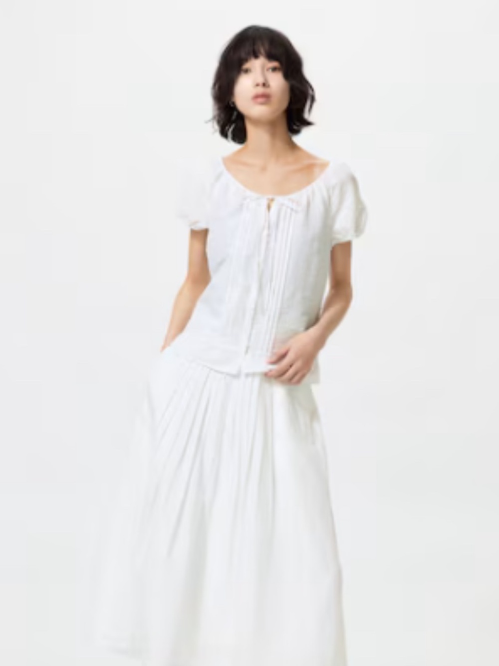 NWT Uniqlo Linen Blend Tuck Long Skirt, Off White (Striped)
